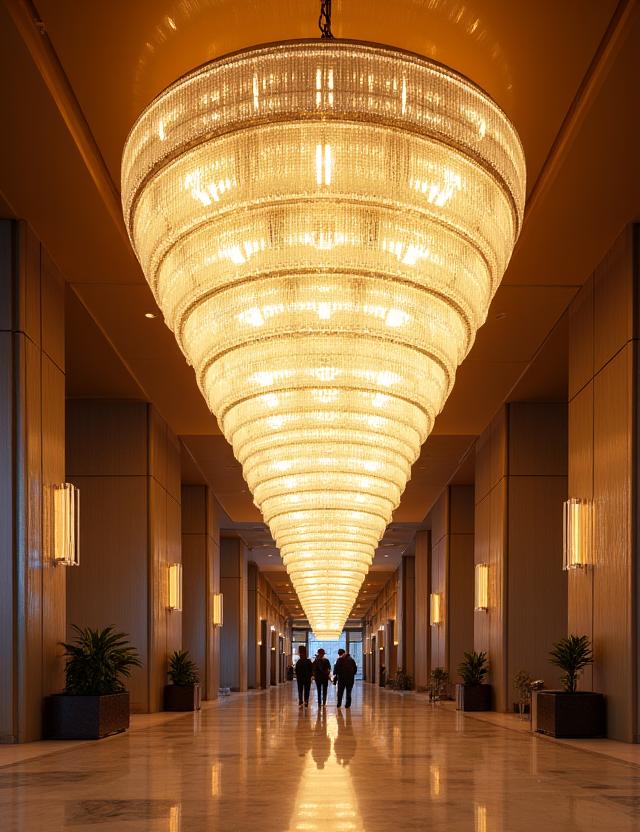 A stunning, large chandelier in a modern hotel lobby.